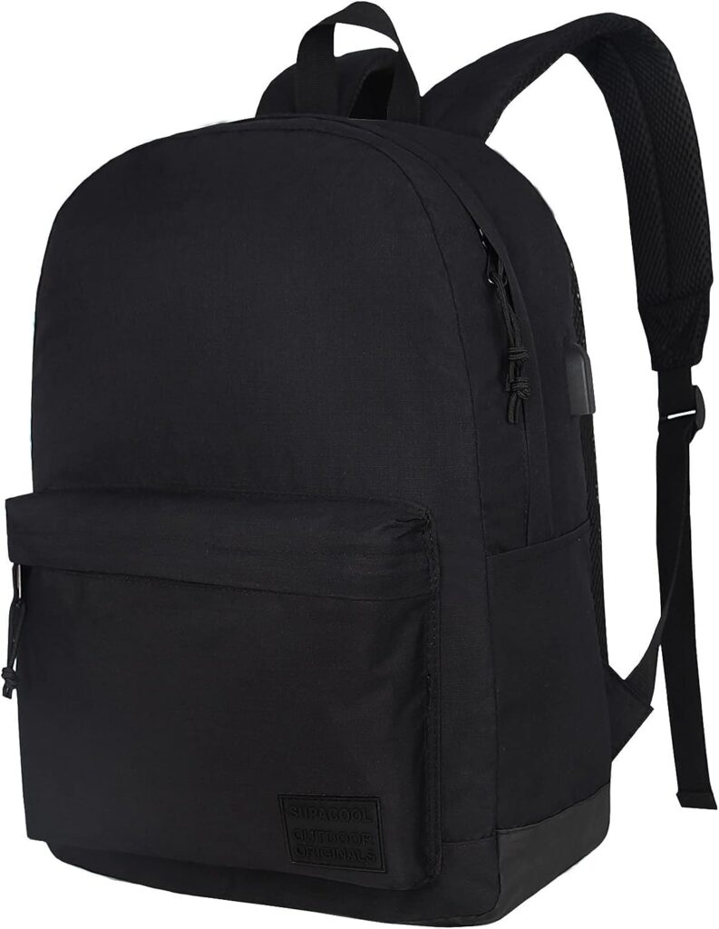 SUPACOOL Casual Laptop Backpack for Men and Women, Work backpack, Black Backpacks, College School Backpack for Boys and Girls, Lightweight Travel Back Pack(Black)