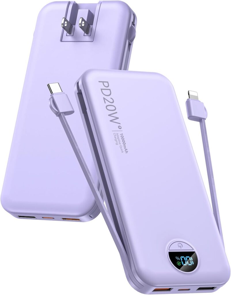 citicr Portable Charger 10000mAh PD20W w/Built-in Cables & Wall Plug Purple
