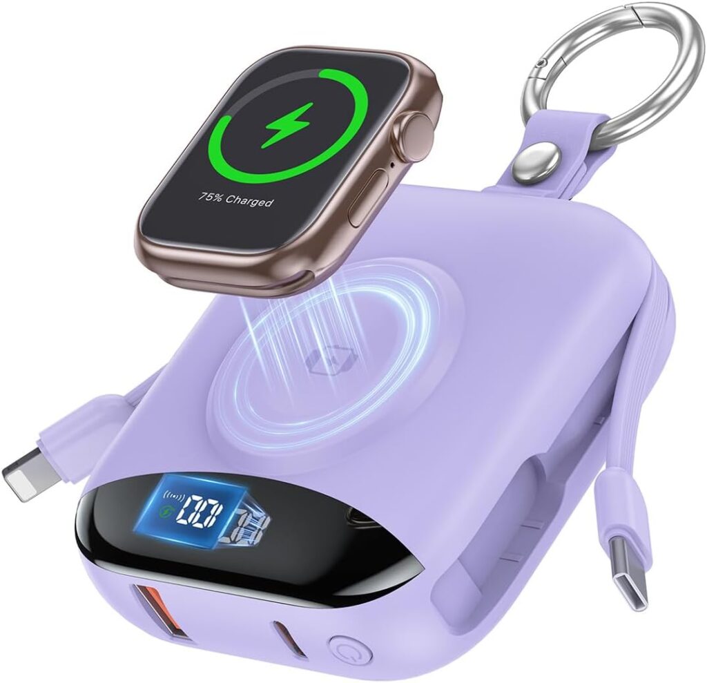 citicr Portable Charger 10000mAh w/Built-in Cables & iWatch Charger Purple