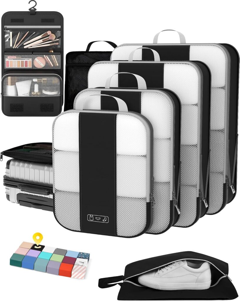 OlarHike 8 Set Compression Packing Cubes for Travel Essentials,Compressible Expandable Space Saver Bags for Organizing Clothes,Luggage Suitcase Garment Bags with Over 1000 pcs Mesh Holes(Black)