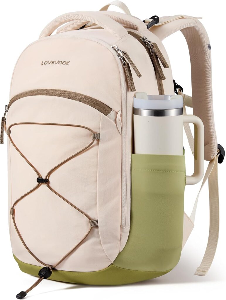 LOVEVOOK Everyday Laptop Backpack for Women & Men With Tumbler Holder,15.6 Inch Classic Travel Work College Teacher Carry on Backpack Purse,Waterproof Computer laptop Bag Hiking Backpack,Beige-Green