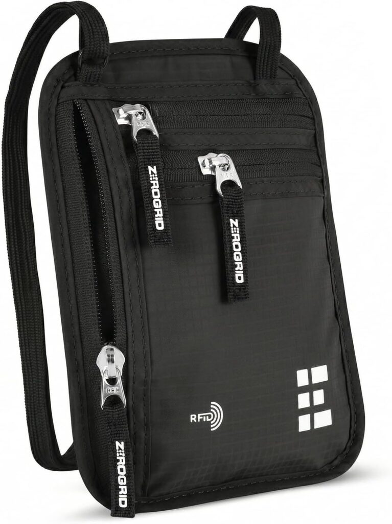 Zero Grid RFID Travel Neck Wallet, Large Passport Holder, Black