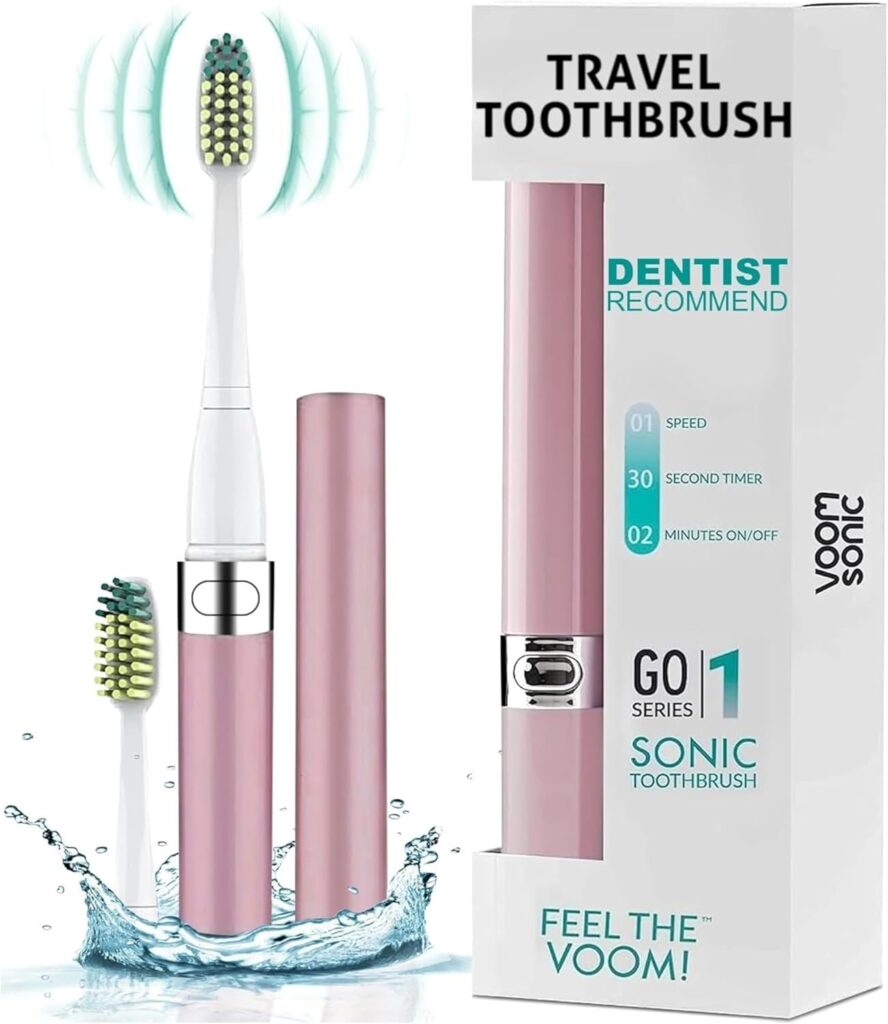 Voom Sonic Electric Toothbrush for Adults – Go 1 Series (Metallic Rose) – 2 Speed – 22,000 Strokes/Minute w/AAA Battery – Bathroom Essentials & Travel Essentials – TSA Approved