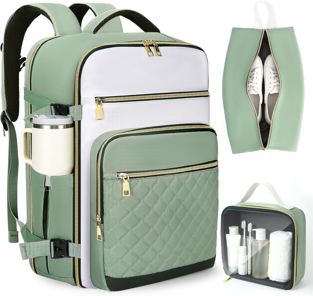 RUCYEN Travel Backpack for Women Men, Carry-On Luggage Personal Item TSA Friendly, 180° Open Fits Under Seat, 3-Piece Set with Packing Cubes, 17.3" Laptop Backpack & RFID Blocking (Green-White)