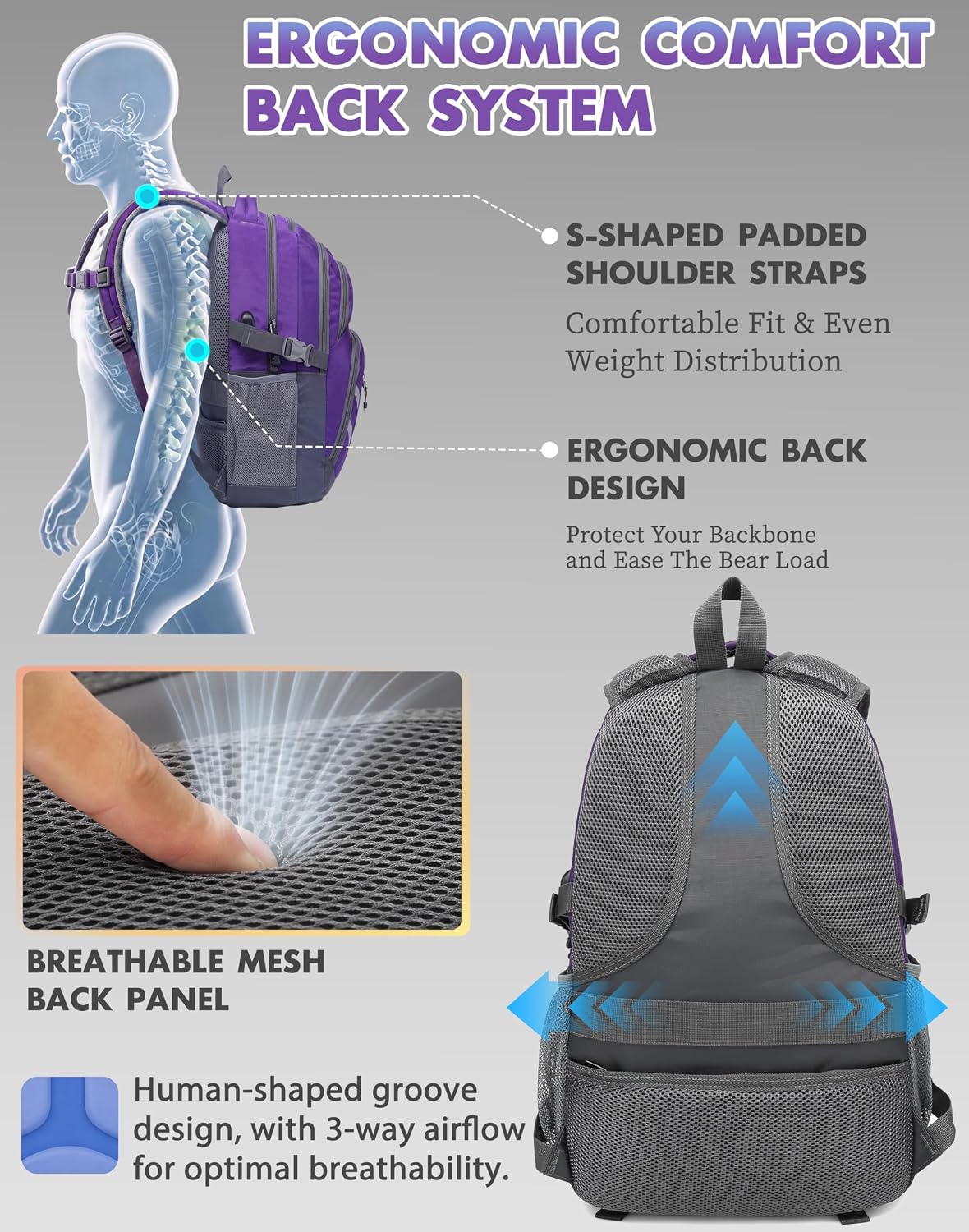 ProEtrade Backpack Bookbag for College Laptop Travel, Fit Laptop Up to 15.6 inch with USB Charging Port Multi Compartment Anti theft, Gift for Women Men (Purple) - Image 5