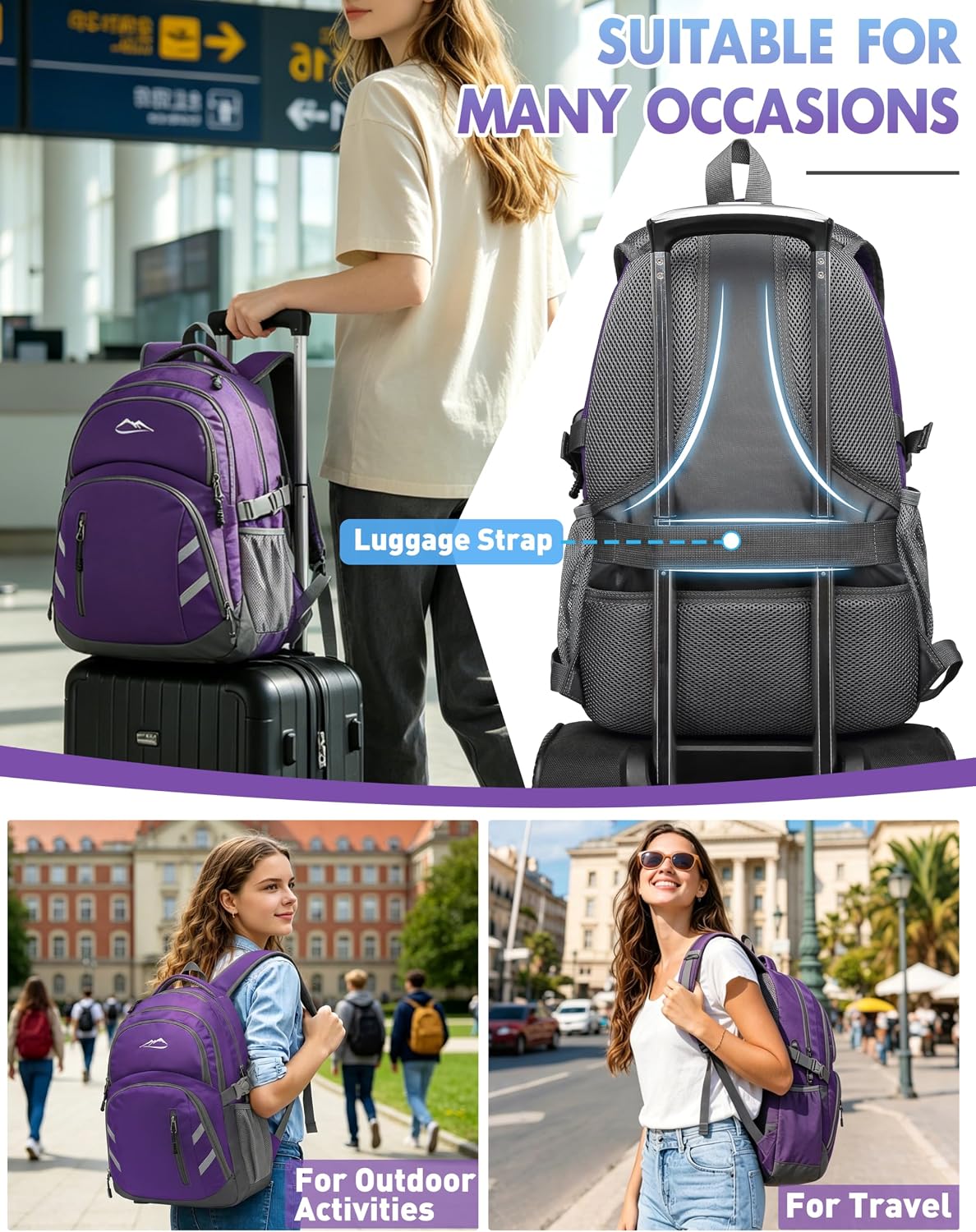 ProEtrade Backpack Bookbag for College Laptop Travel, Fit Laptop Up to 15.6 inch with USB Charging Port Multi Compartment Anti theft, Gift for Women Men (Purple) - Image 6