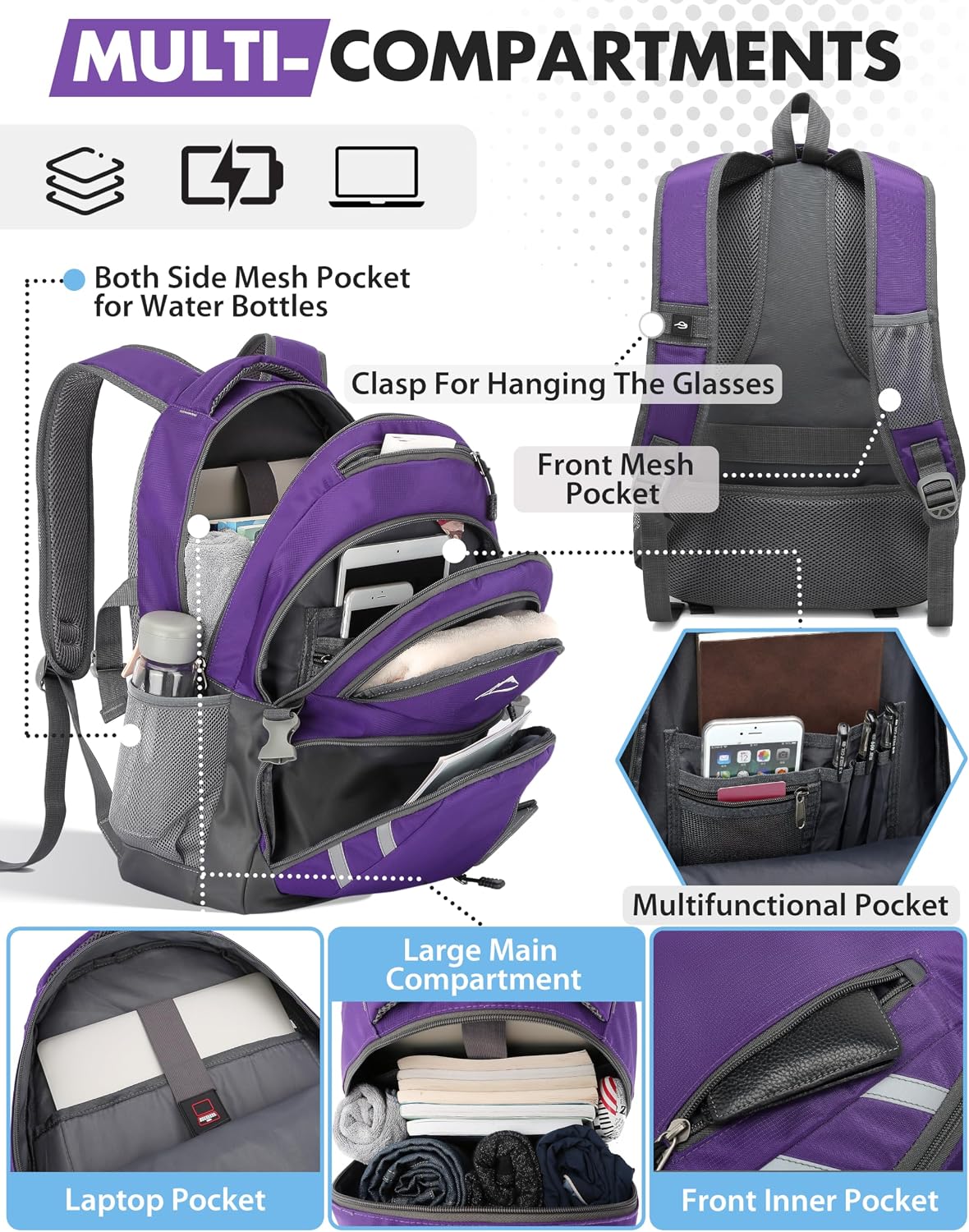 ProEtrade Backpack Bookbag for College Laptop Travel, Fit Laptop Up to 15.6 inch with USB Charging Port Multi Compartment Anti theft, Gift for Women Men (Purple) - Image 2